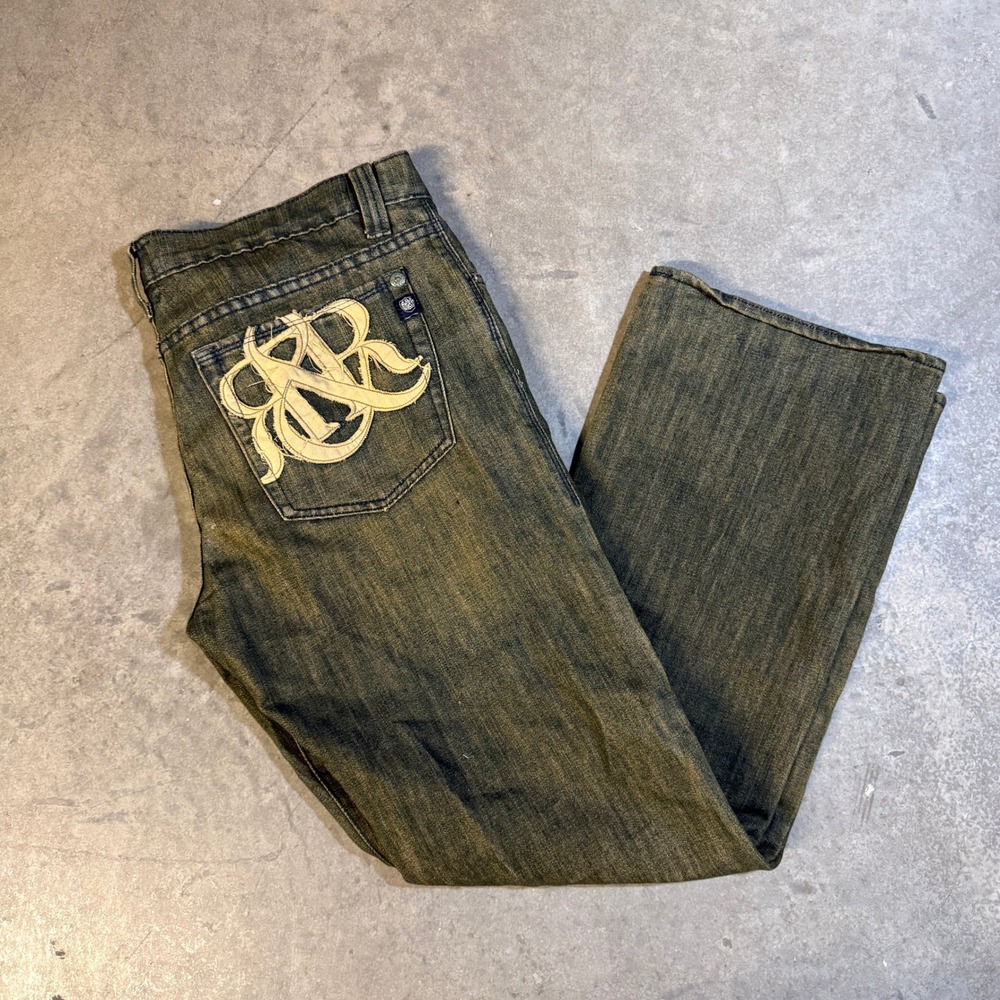 Rock & Republic Mens Straight Leg Jeans Yellow Tint Embroidered Size 34